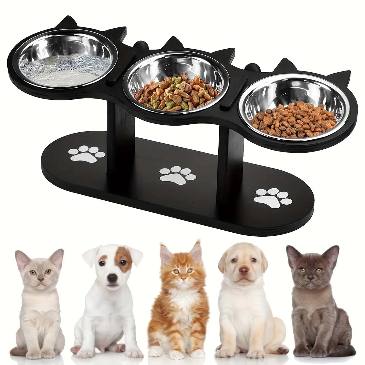 Tall Cat Feeder with 3 Metal Food Dishes - Luxicro