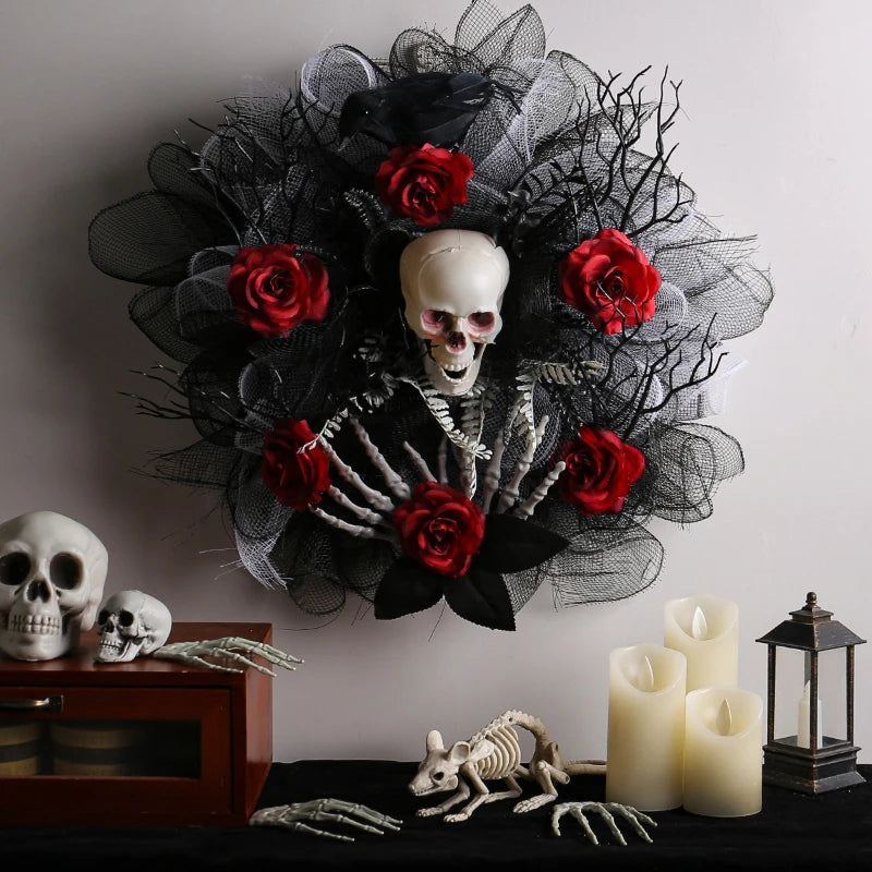 Spooky Red Floral Skull Wreath Decoration - Luxicro