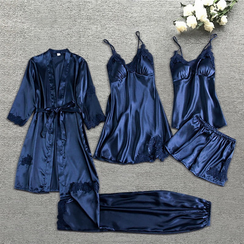 Soft Silk Pajama Set with Lace Kimono