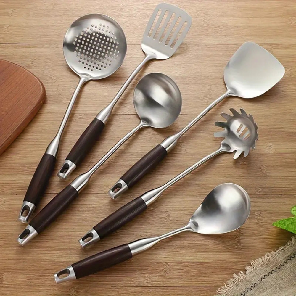 Shiny Metal Wood Kitchen Utensil Set 6 Pieces - Luxicro