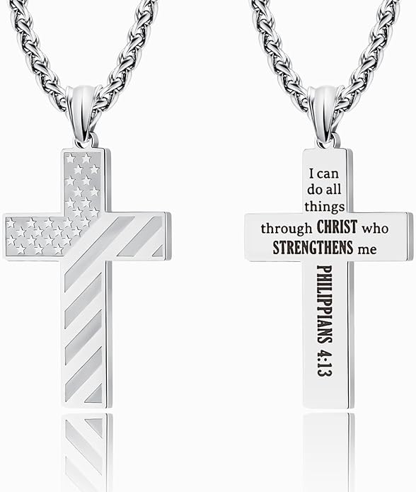 American Flag Cross Silver Pendant Necklace