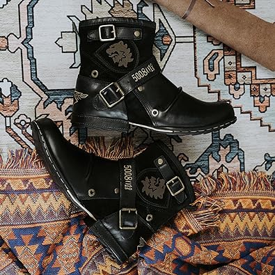 Tough Mens Leather Work Boots - Mid Calf, Buckle Detail - Luxicro