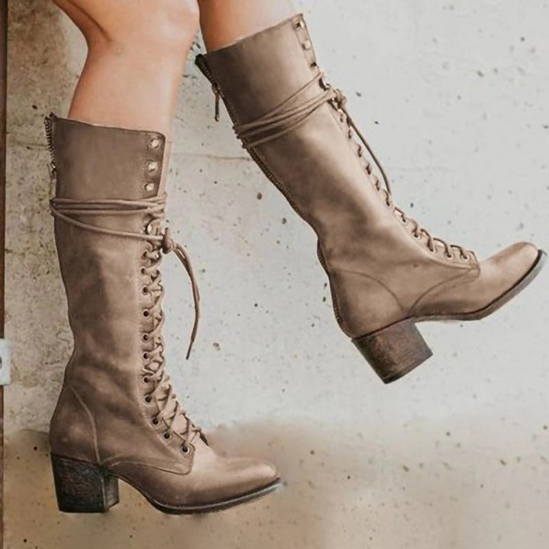 Classic Black Leather Knee High Boots Chunky Heel