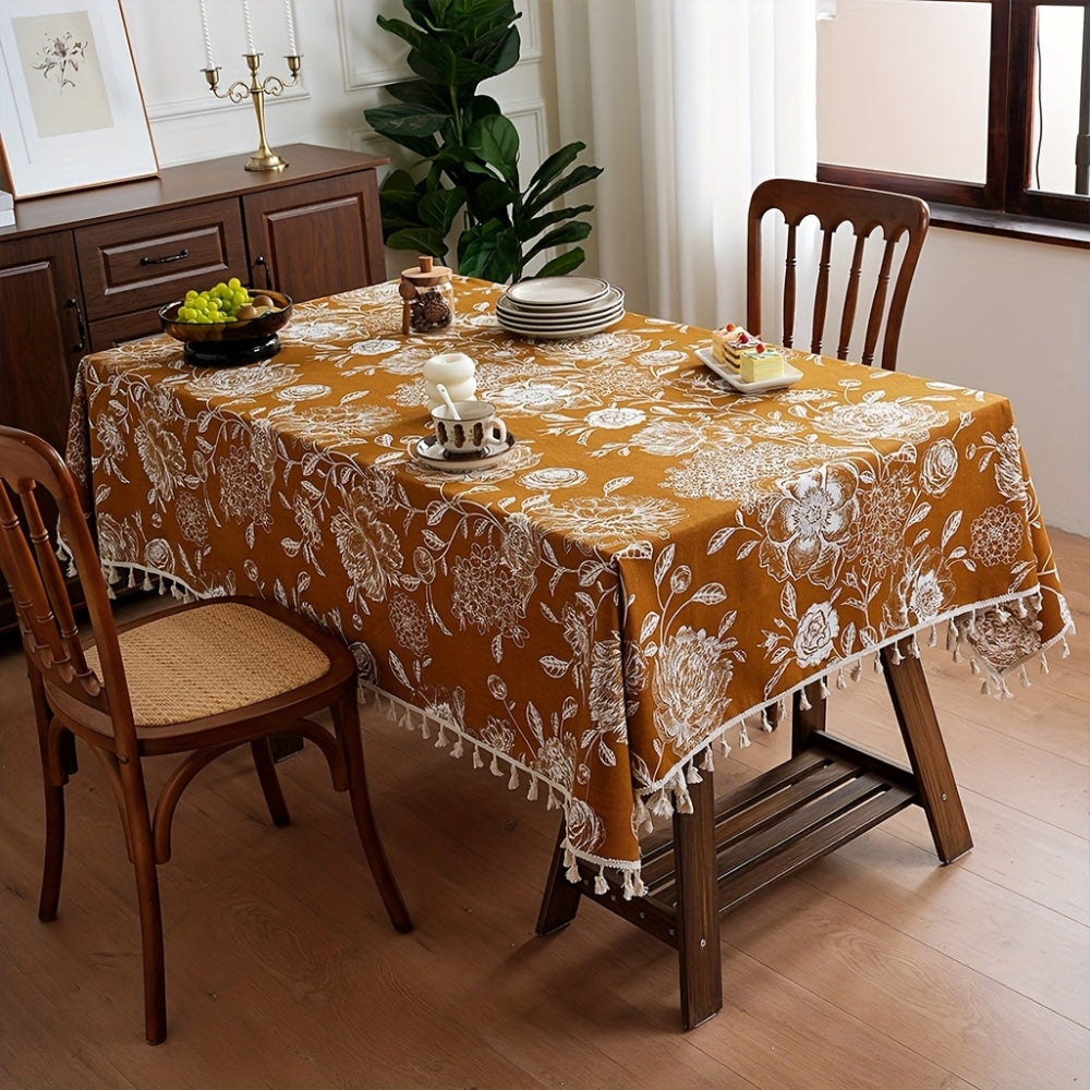 Colorful Floral Table Cover with Fringe Trim