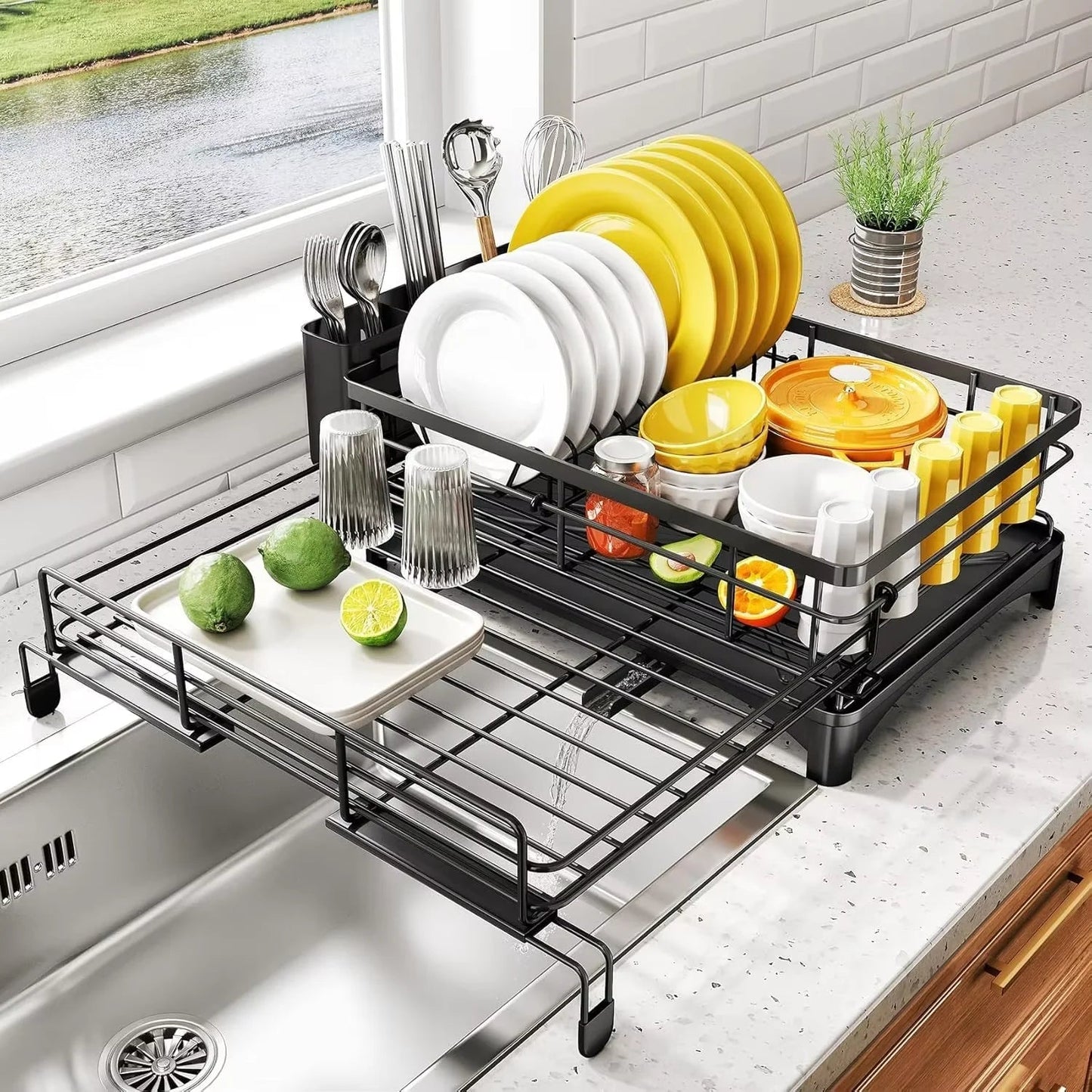 Space Saving Dish Rack with Draining Tray and Utensil Holder