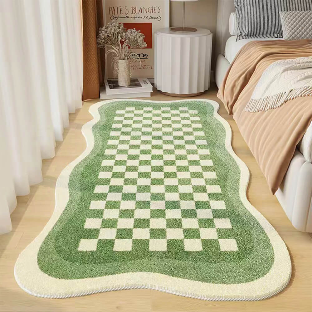 Soft Plush Checkered Bedroom Mat Irregular Shape Rug