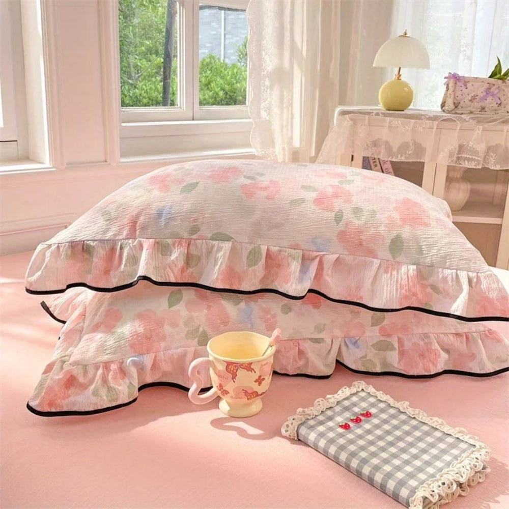 Soft Floral Ruffled Cotton Pillow Covers