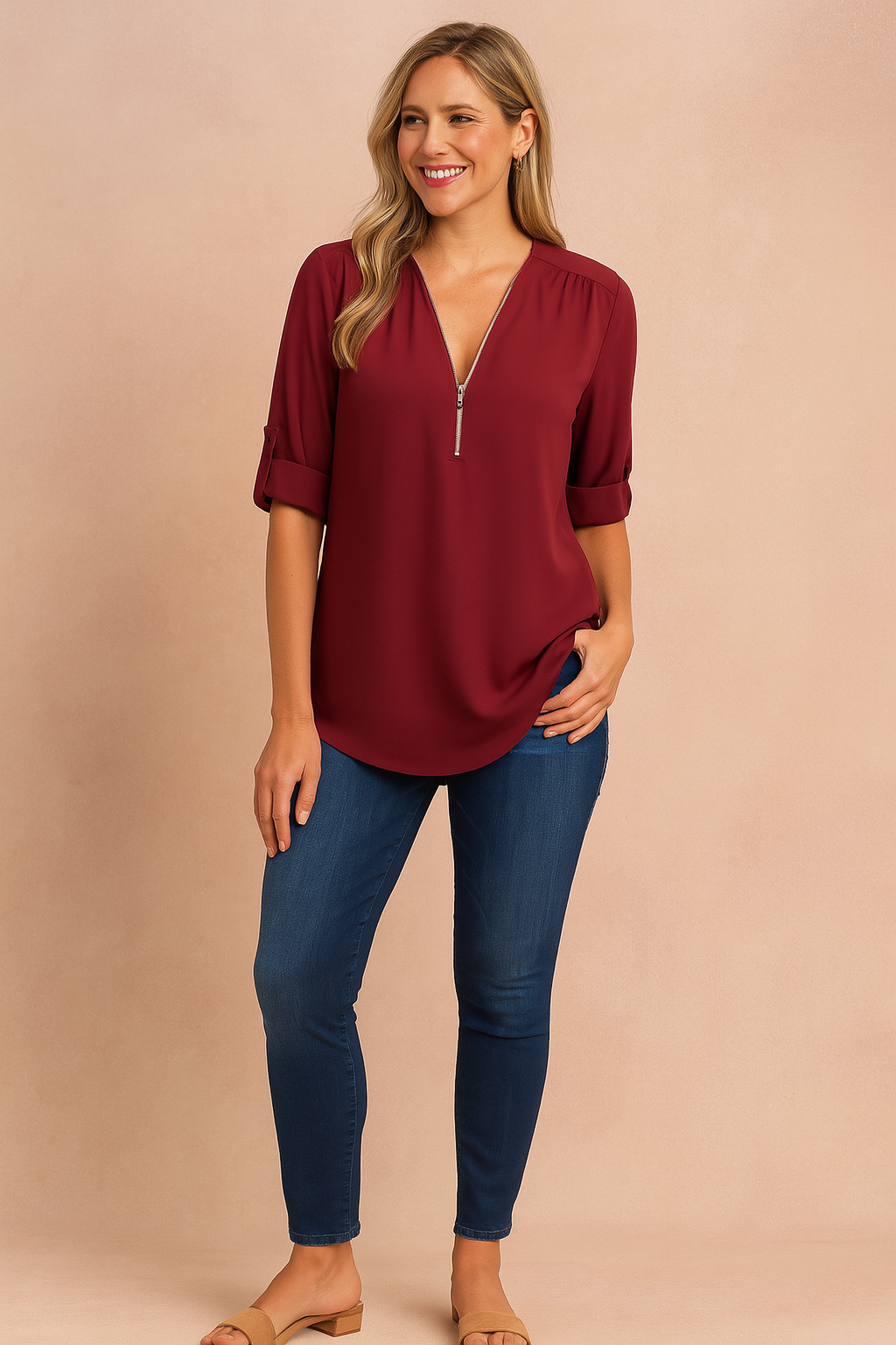 Classic Zip Front Blouse with Long Sleeves