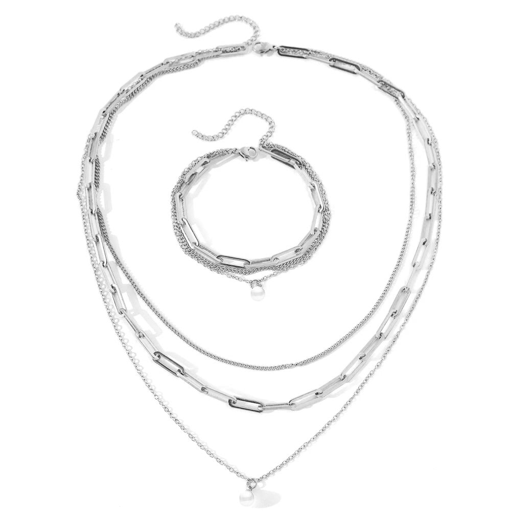 Elegant Multi Layer Pearl Chain Necklace Set
