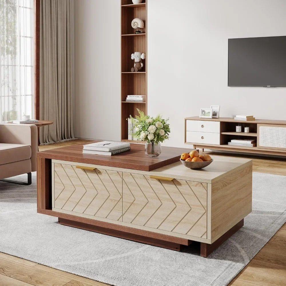 Compact Wooden Coffee Table with Storage Ottoman - Luxicro