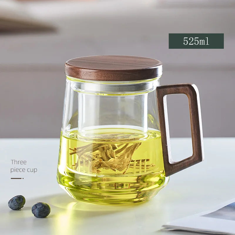 Insulated Wooden Handle Glass Tea Infuser Mug Set