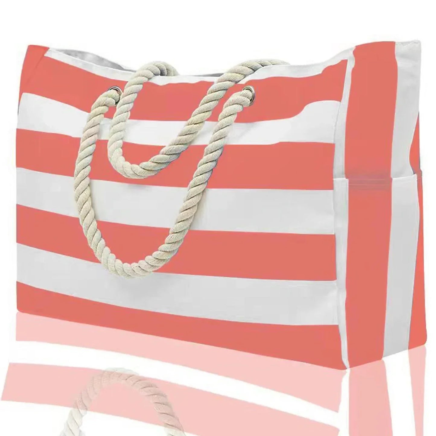 Portable Striped Tote Beach Bag with Zipper Closure