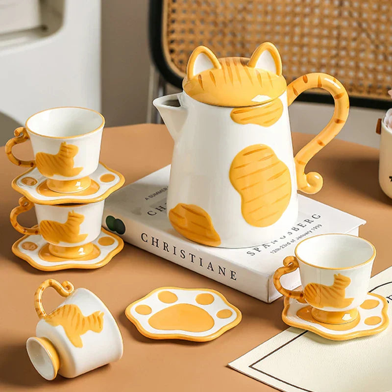 Vibrant Orange Kitty Ceramic Mug Coffee Set