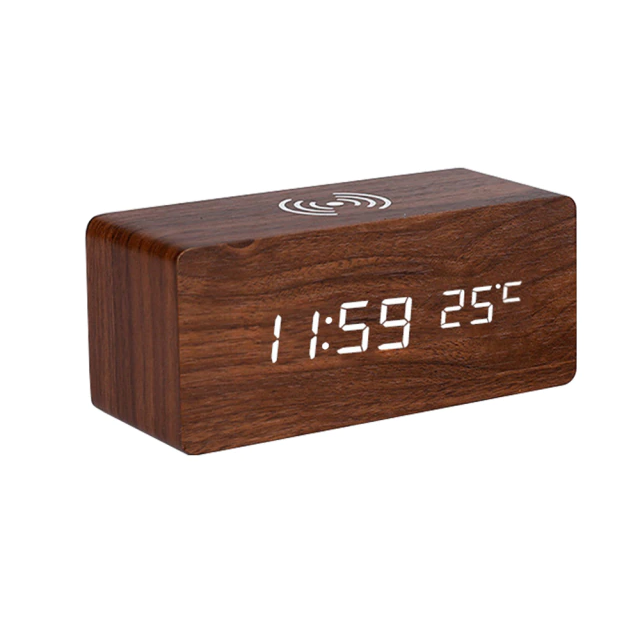 Smart Wood Digital Alarm Clock Wireless Charging Pad