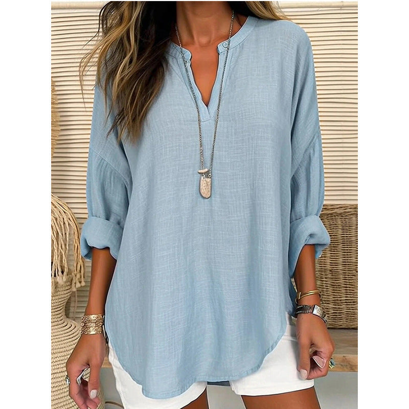 Comfortable V-Neck Cotton Blouse for Women