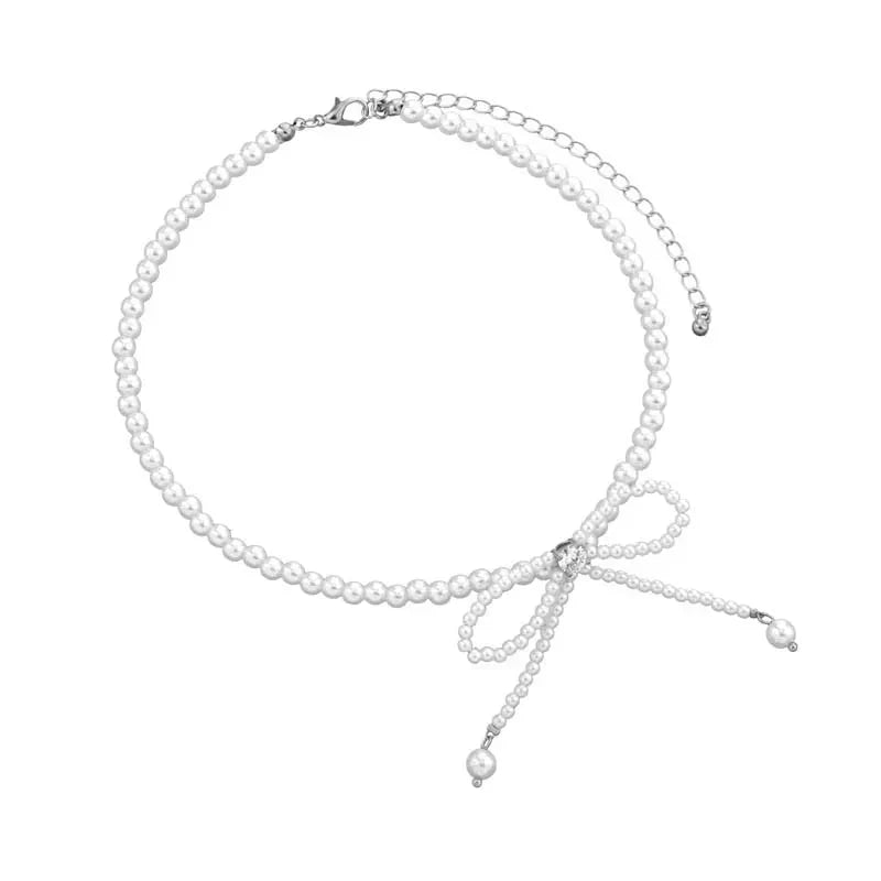 Dainty Pearl Bead Bow Choker Necklace
