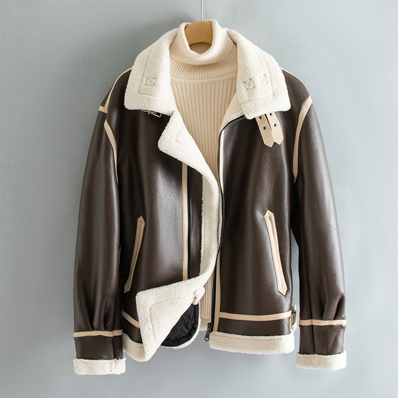 Cozy Faux Leather Biker Jacket with Shearling Lining