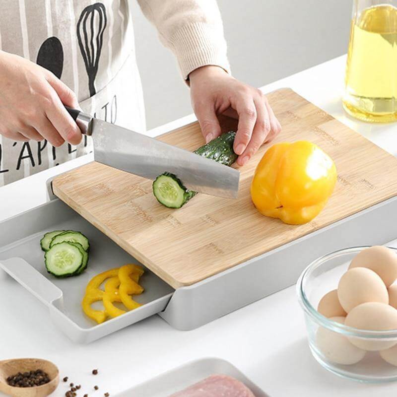 Space Saving Wood Cutting Board with Tray