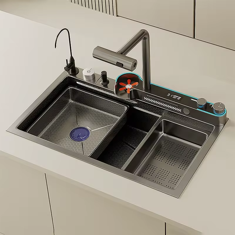 Contemporary Stainless Steel LED Drop-In Kitchen Sink - Luxicro