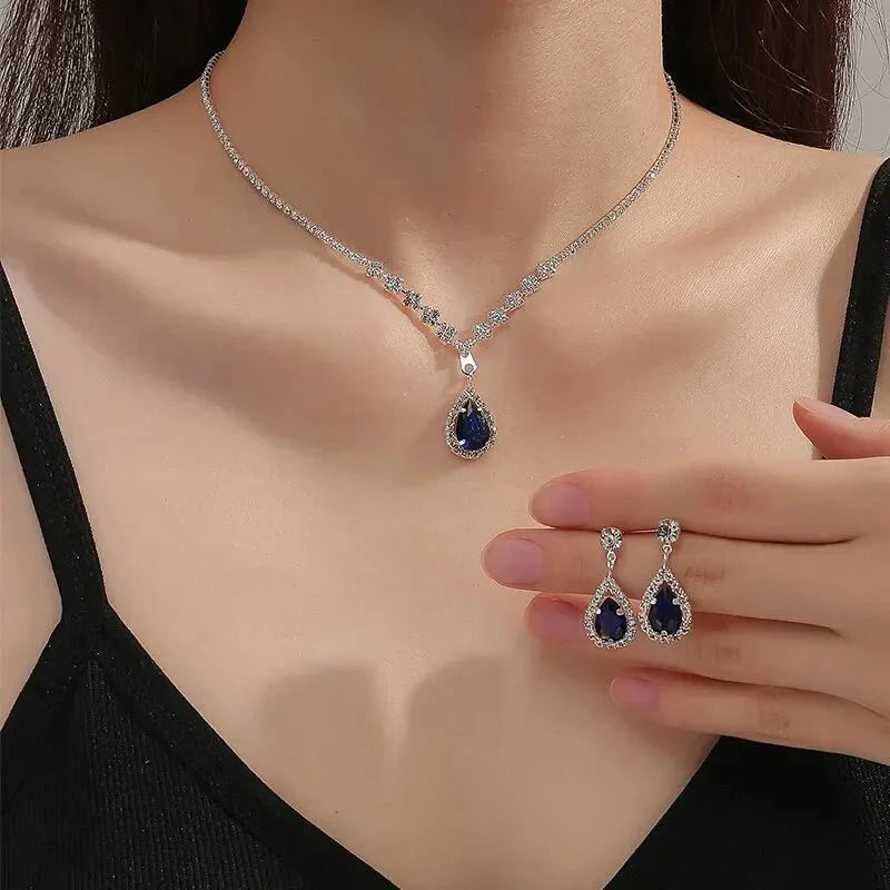 Shiny Navy Blue Gemstone Pendant Set - Luxicro