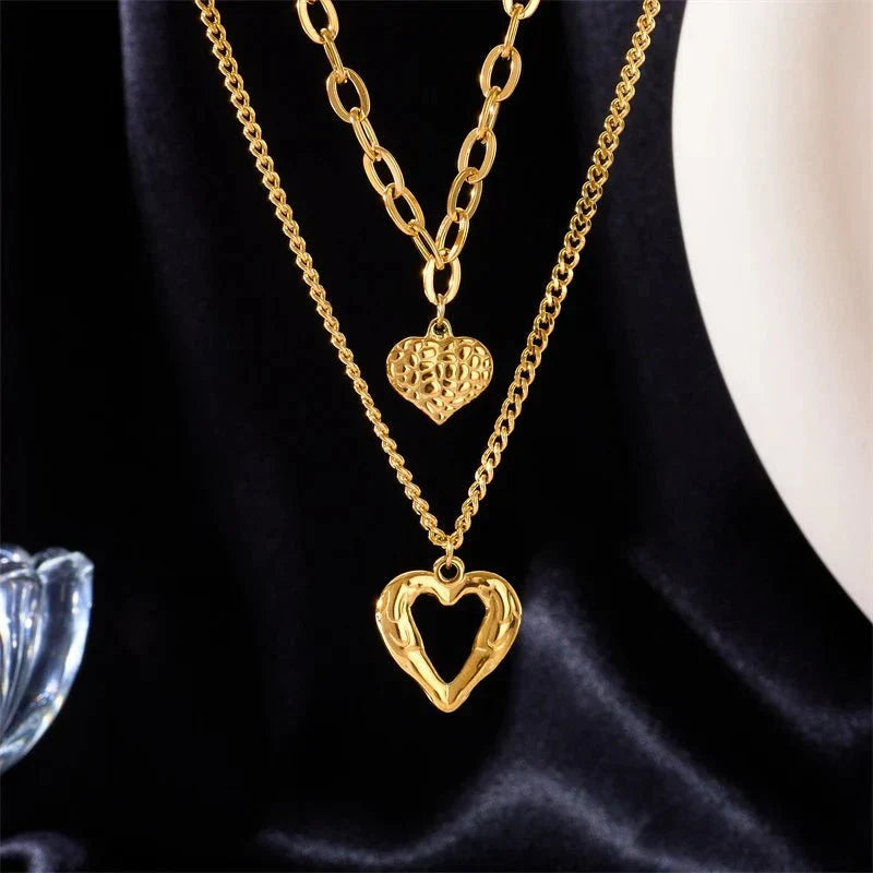 Double Heart Gold Tone Statement Necklace - Luxicro