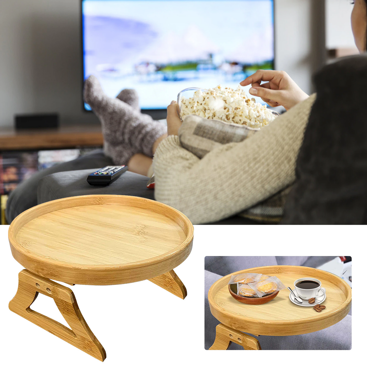 Natural Wood Sofa Side Table Round Tray Holder