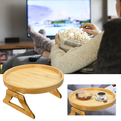 Natural Wood Sofa Side Table Round Tray Holder