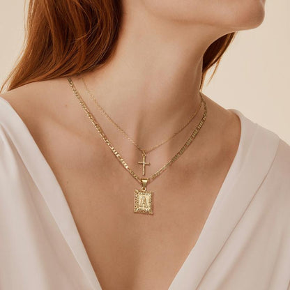 Custom Initial Gold Cross Necklace Set