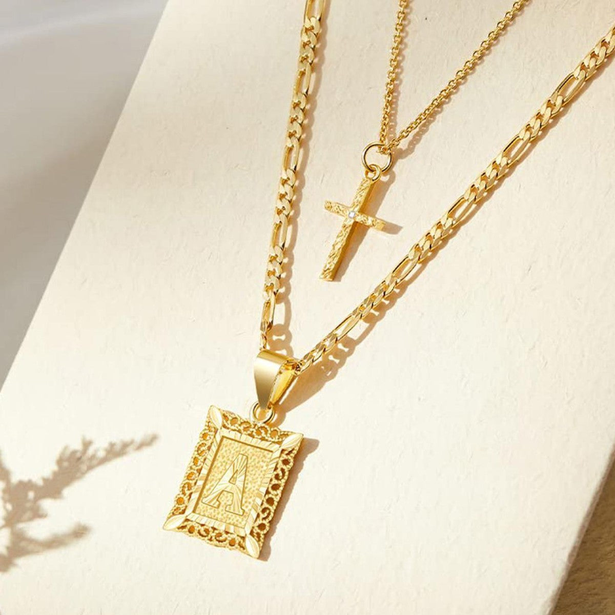 Custom Initial Gold Cross Necklace Set