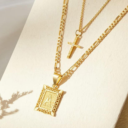 Custom Initial Gold Cross Necklace Set