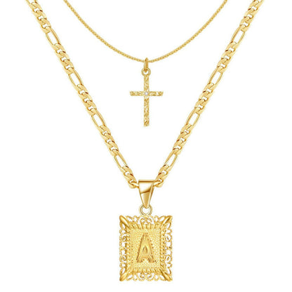 Custom Engraved Gold Initial Cross Necklace Set