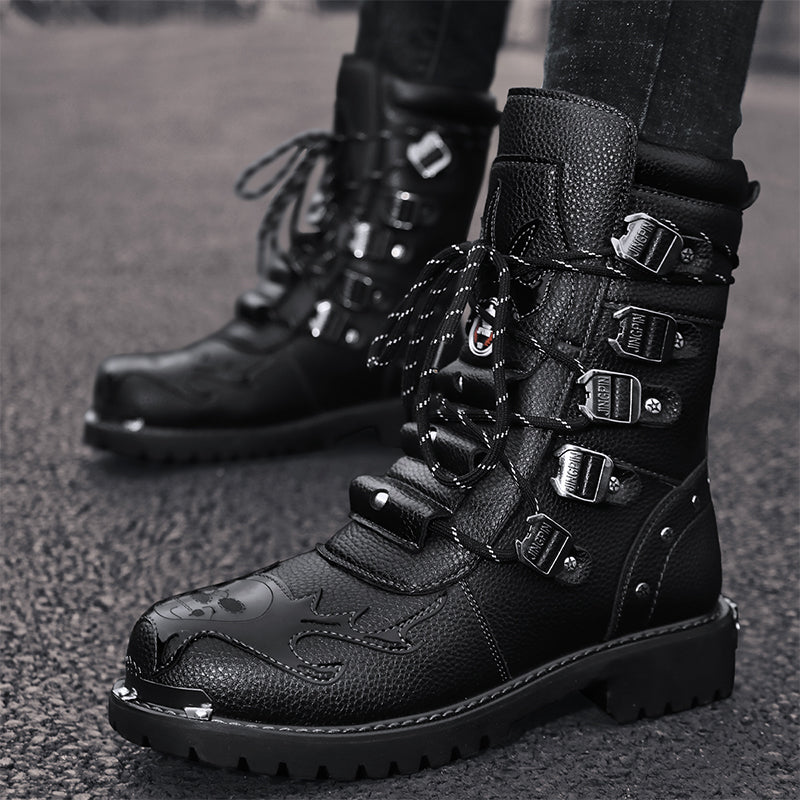 Tough Mens Biker Boots - Leather, Lace Up, Motorcycle - Luxicro