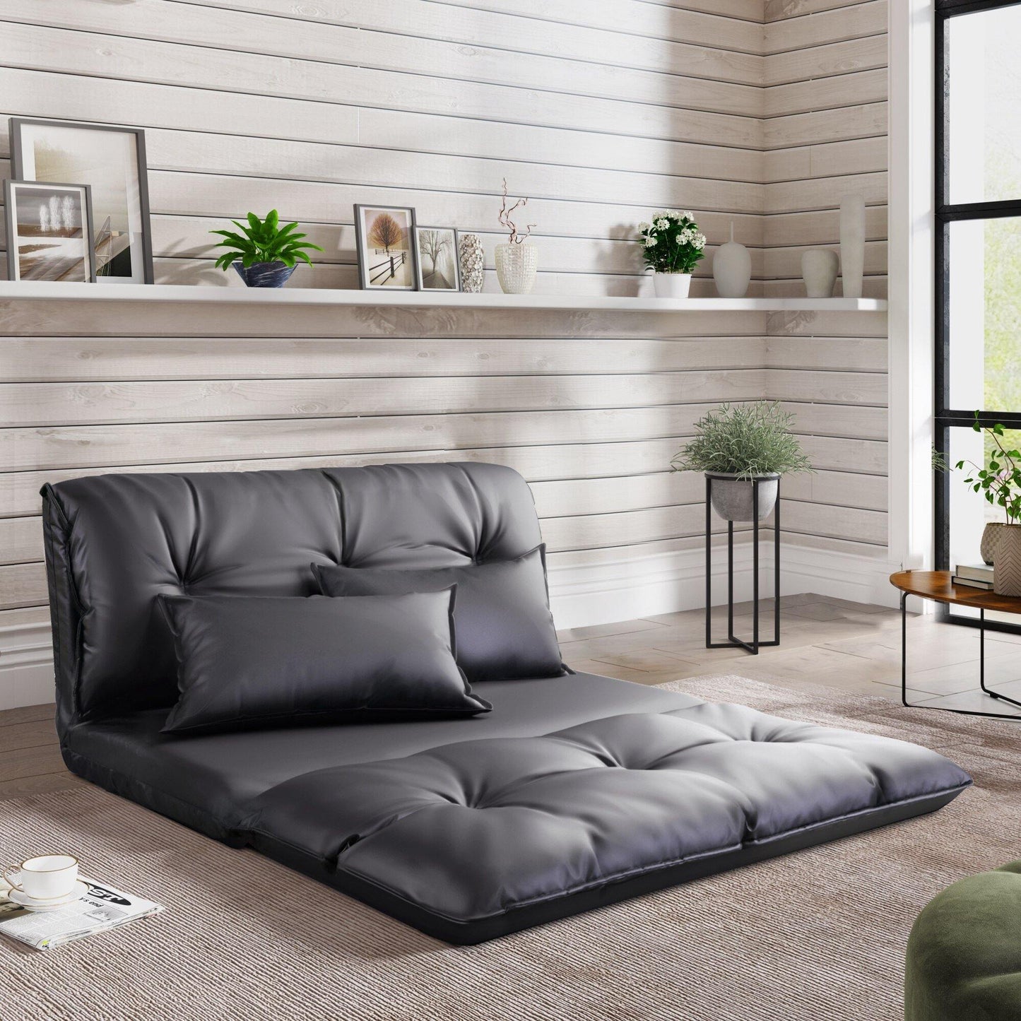 Plush Faux Leather Foldable Sleeper Sofa with Cushions - Luxicro