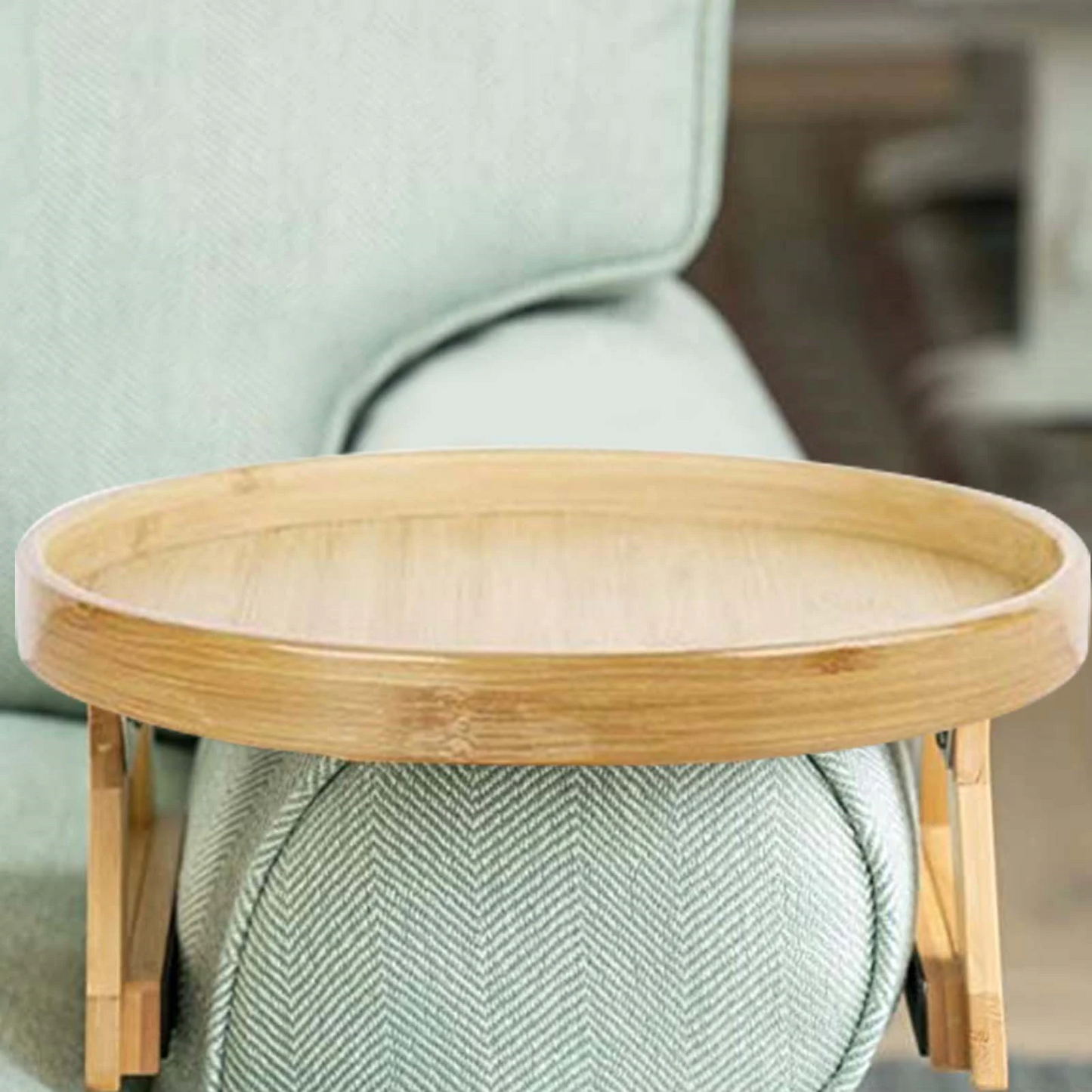Natural Wood Sofa Side Table Round Tray Holder