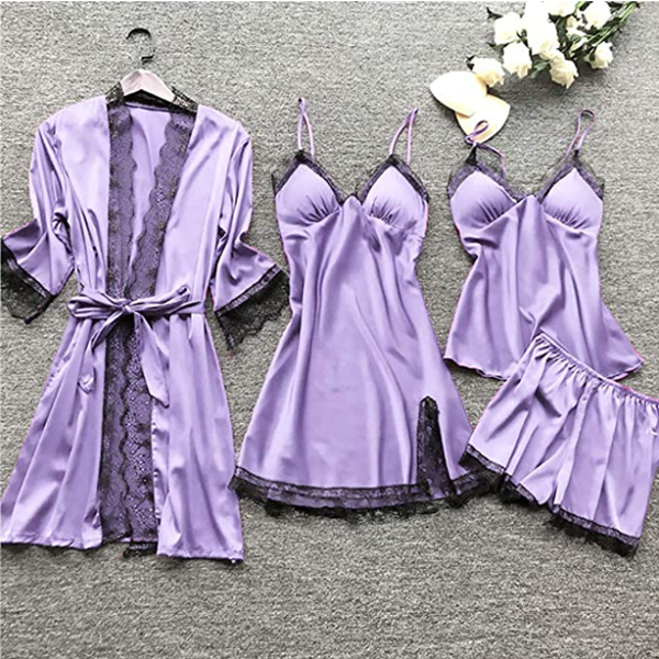 Soft Silk Pajama Set with Lace Kimono