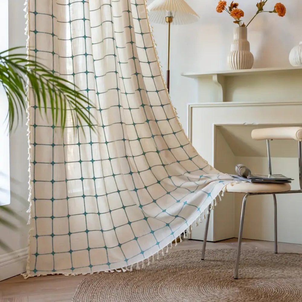 Blue Moroccan Style Fringe Window Curtain