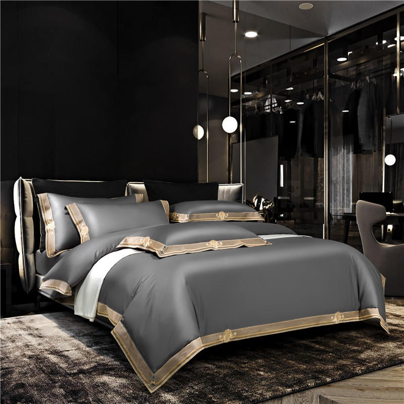 Grey Embroidered Egyptian Cotton Bed Sheet Set