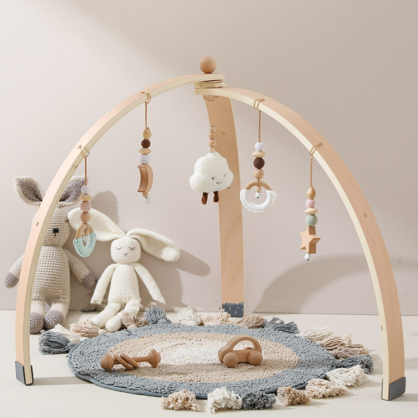 Natural Wood Infant Play Center with Toy Attachments