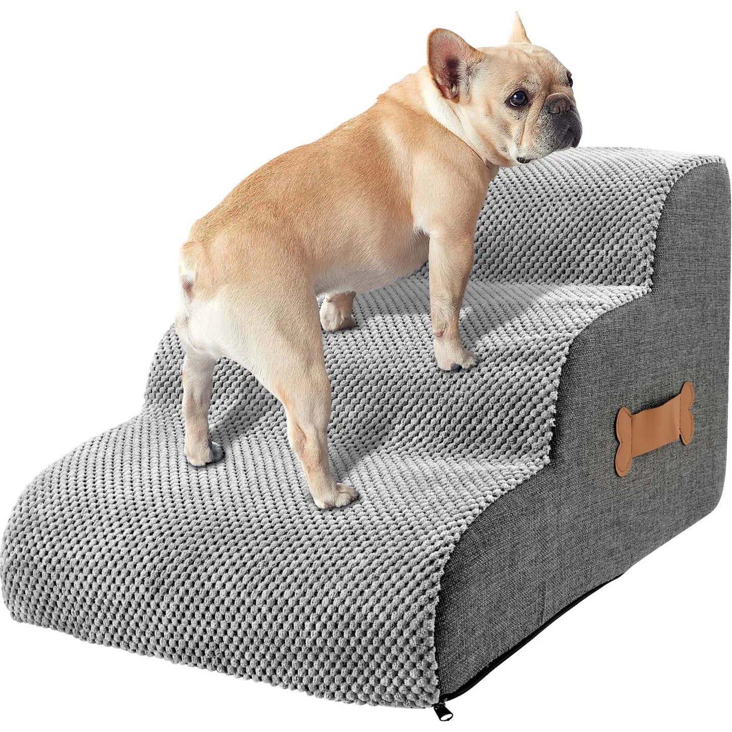 Modern Grey Upholstered Pet Steps with Faux Leather Trim - Luxicro