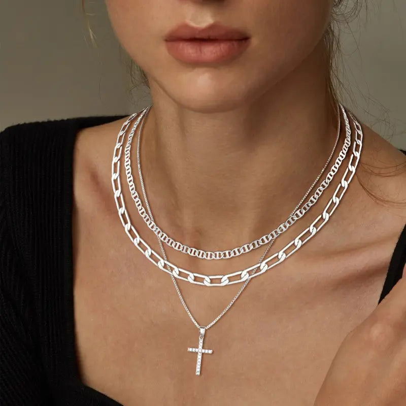 Luxury Cross Layered Necklace 3 Piece Set