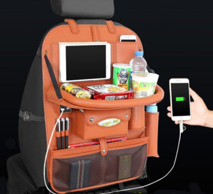 Convenient Auto Seat Storage with USB Ports and Tray