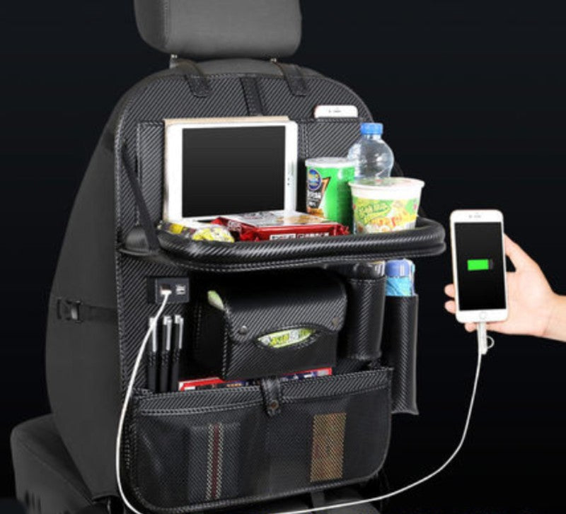 Convenient Auto Seat Storage with USB Ports and Tray
