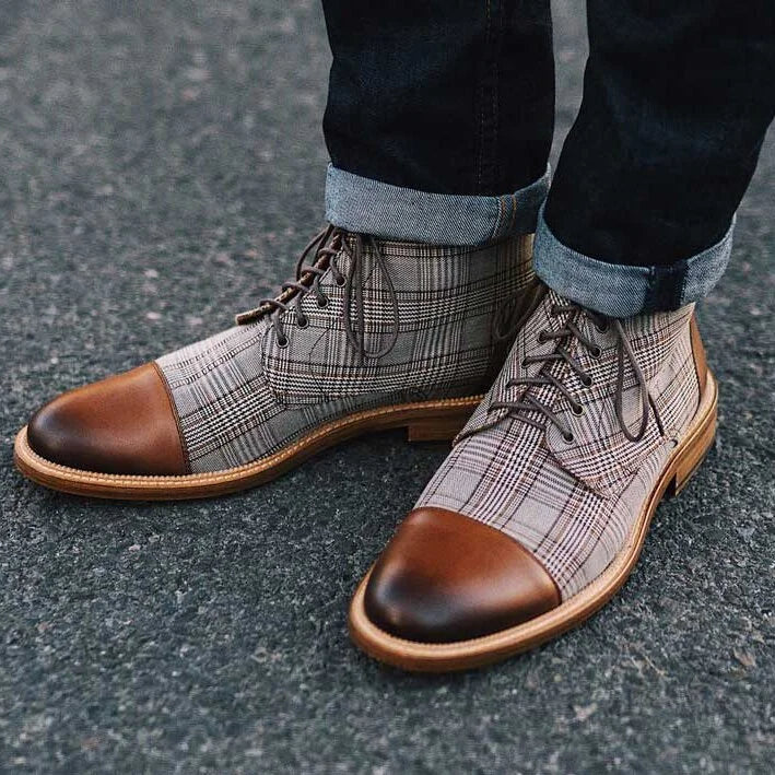 Rugged Mens Boots - Leather Cap Toe Plaid Design - Luxicro