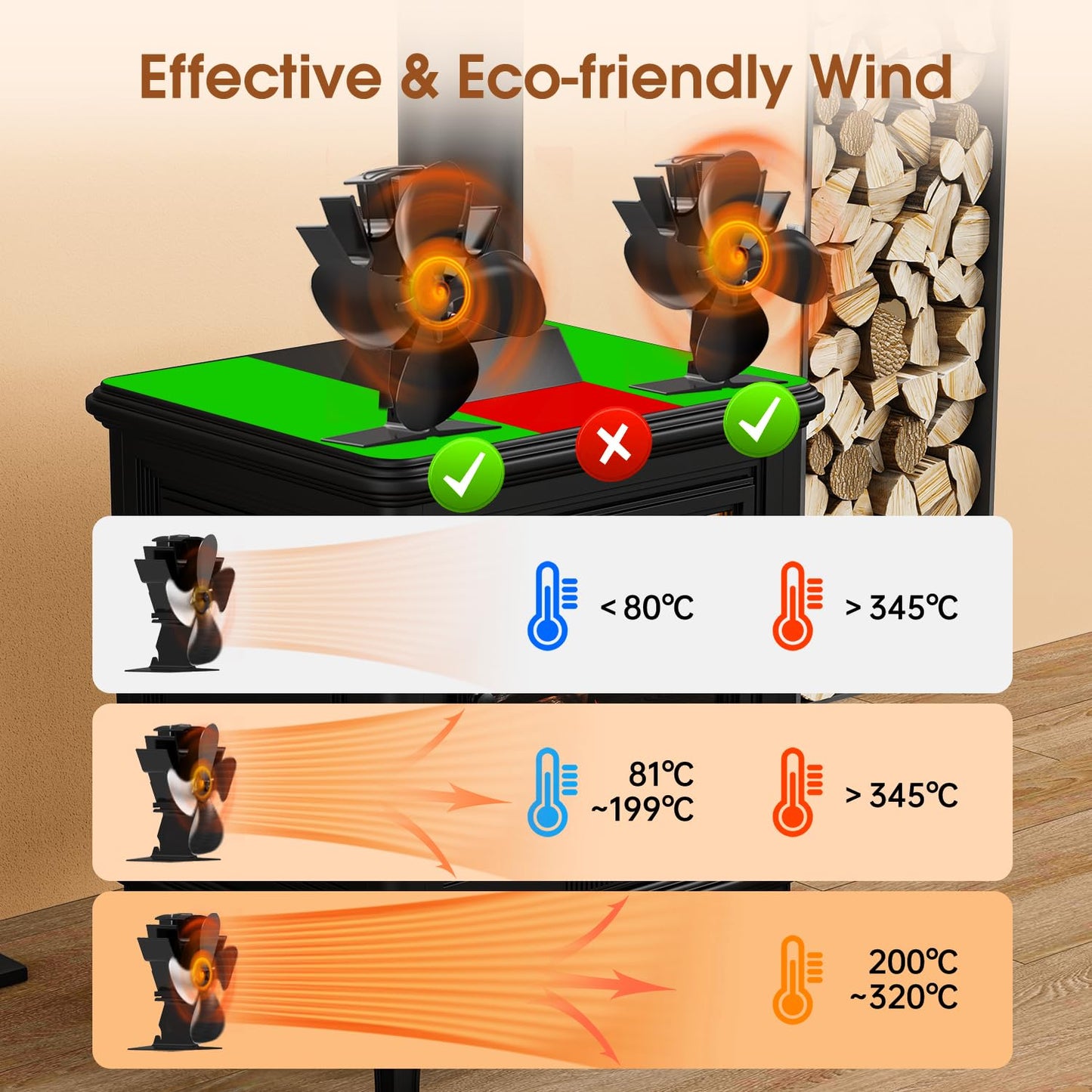 Powerful 4-Blade Wood Stove Fan