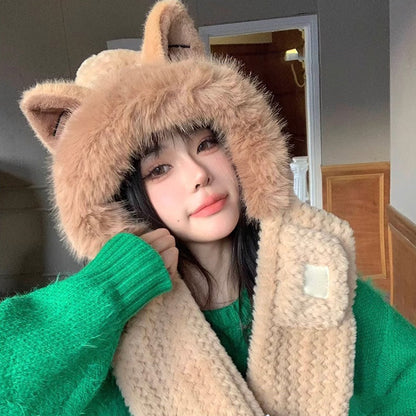 Soft Fox Earmuff Hat Scarf Set