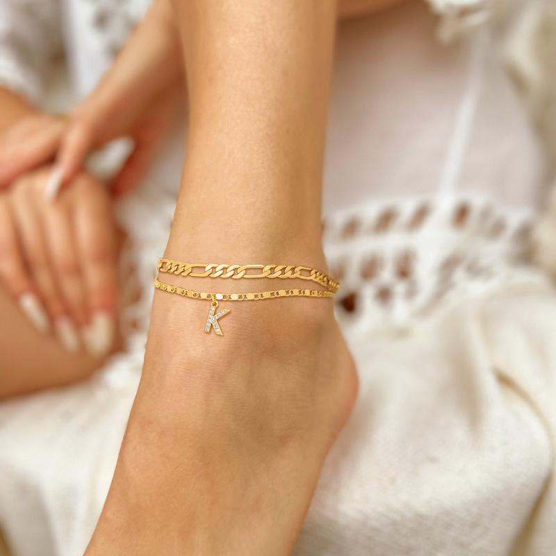 Personalized 14k Gold Initial Charm Anklet Set