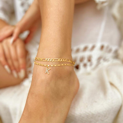 Personalized 14k Gold Initial Charm Anklet Set
