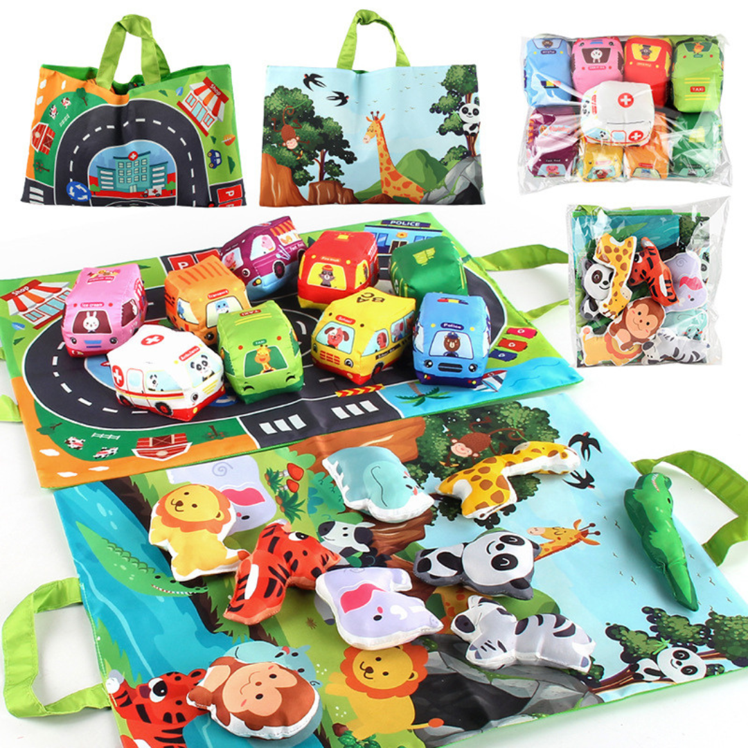 Portable 2-in-1 Plush Car Playset with Storage Bag