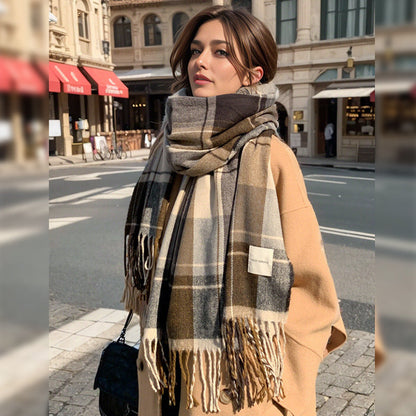 Cozy Plaid Fringed Scarf for Women