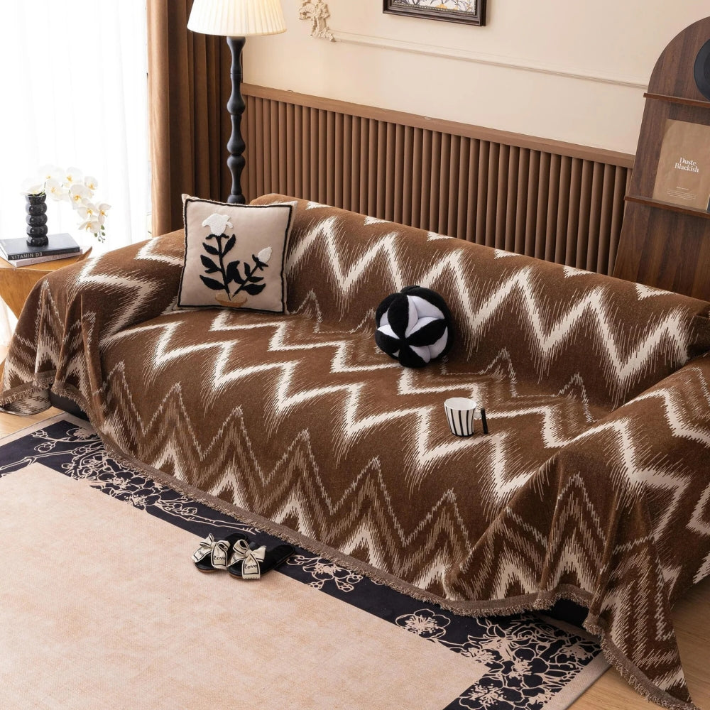 Beige Patterned Fitted Sofa Slipcover